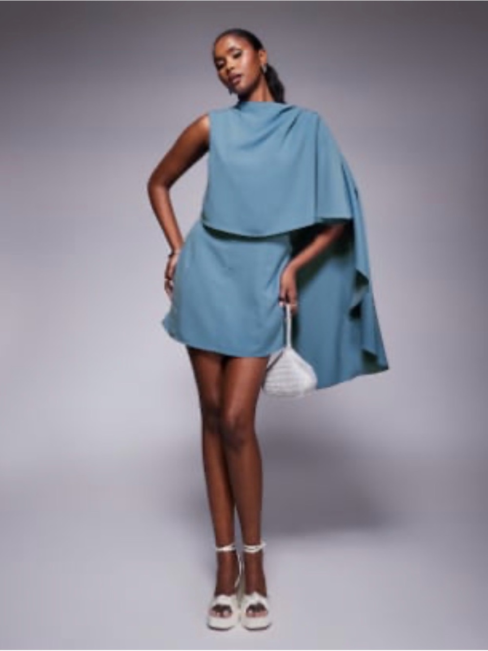 ASOS One-Shoulder Cape Mini Dress in Dusty Blue